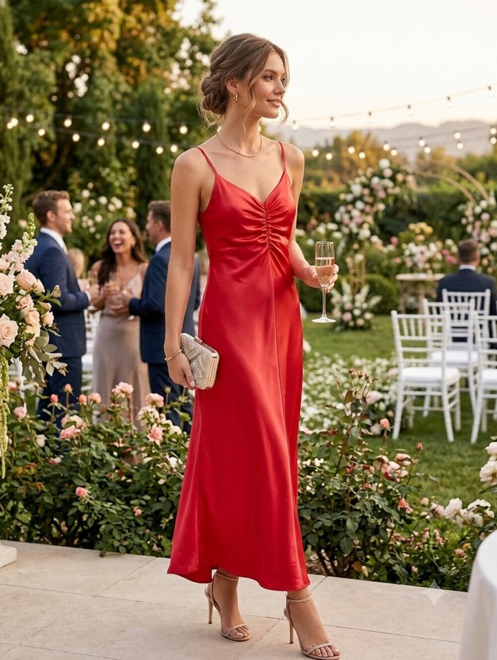 Tahari Arthur S. Levine Red Satin Ruched Bust Slip Dress Midi Maxi